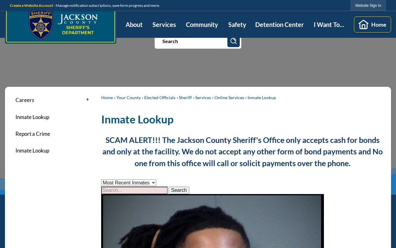 Jackson County official inmate lookup for current booking records