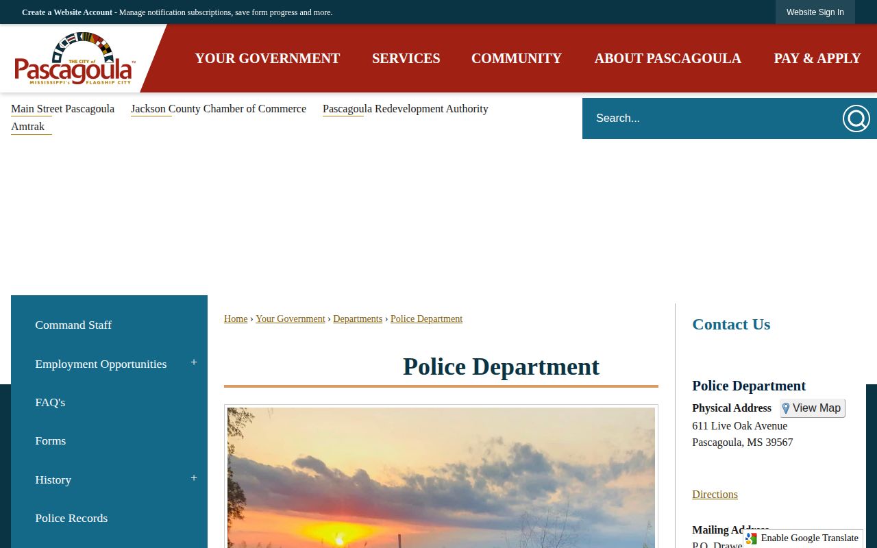 Jackson County Pascagoula Police Department records contact page